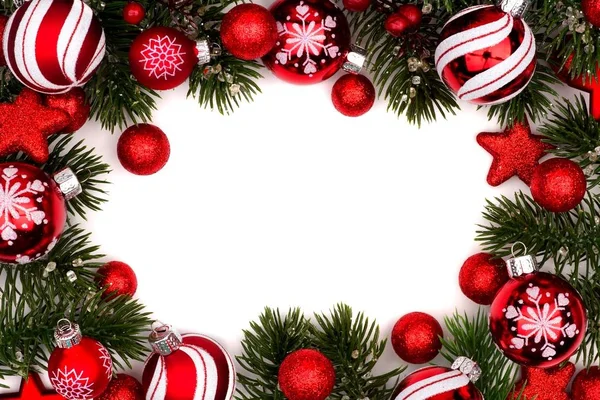 Κόκκινα και λευκά Χριστούγεννα μπιχλιμπίδι πλαίσιο σε λευκό — Φωτογραφία Αρχείου