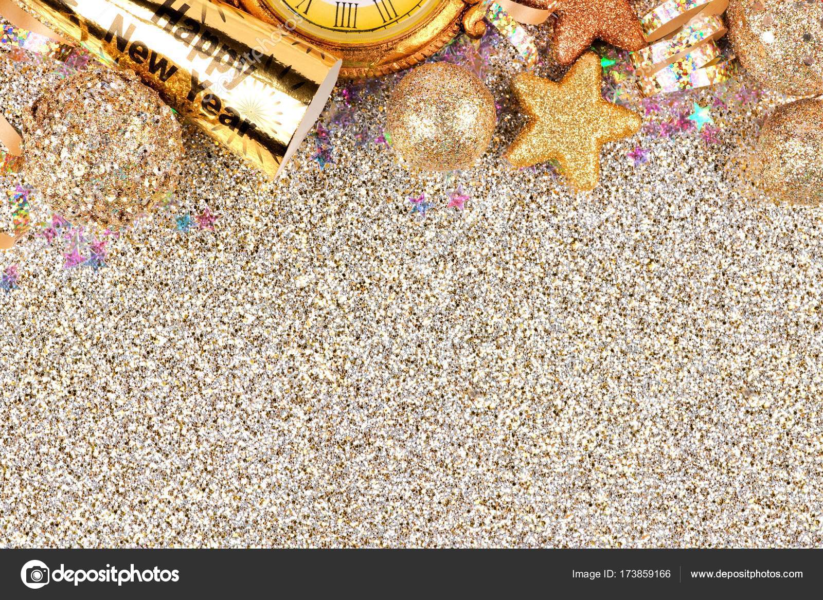 New Years Eve Corner Border Shiny Stars Streamers Decorations Noisemakers  Stock Photo by ©JeniFoto 428960802