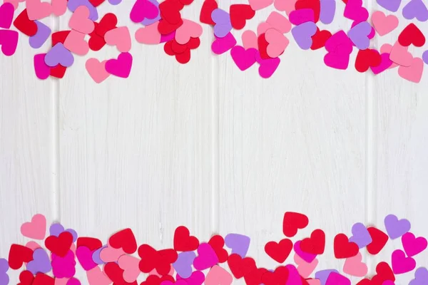 Double Bordure Coeurs Colorés Papier Saint Valentin Sur Fond Bois — Photo