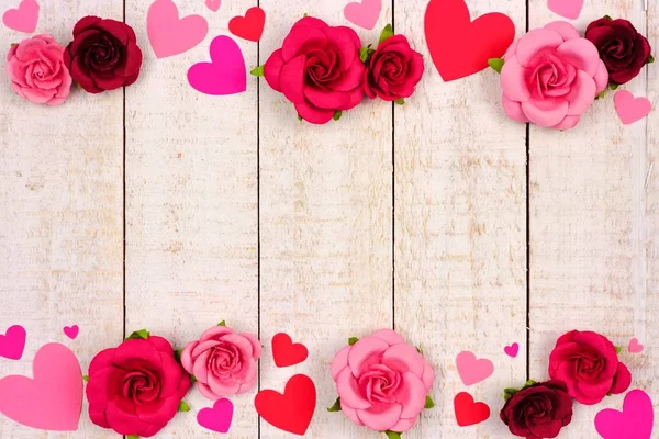 Valentijnsdag Dubbele Rand Van Rood Roze Papier Hartjes Rozen Tegen — Stockfoto
