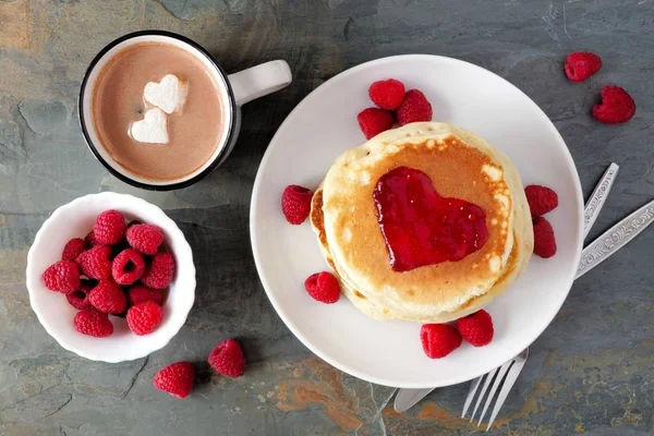 Pancakes Jam Shape Heart Hot Chocolate Raspberries Slate Background Love — Stock Photo, Image