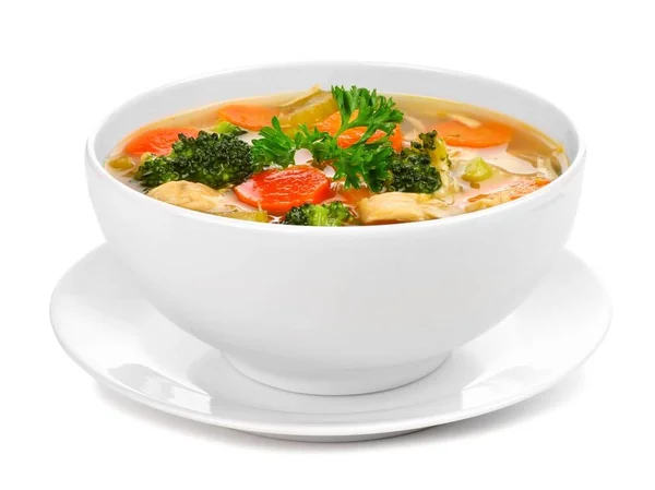 Soupe Légumes Poulet Maison Dans Bol Blanc Avec Soucoupe Vue — Photo