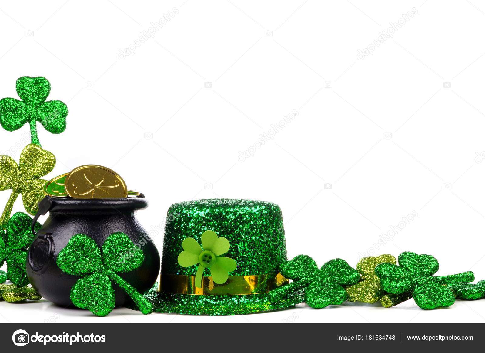 Patricks Day Pot Gold Shamrocks Leprechaun Hat Corner Border White