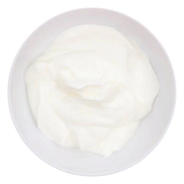 Romige Griekse Yoghurt Een Witte Kom Boven Weergave Geïsoleerd Een — Stockfoto