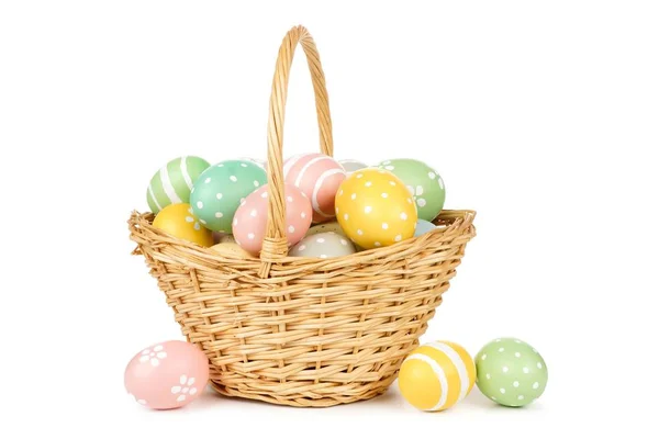 Easter Basket Filled Hand Painted Pastel Easter Eggs White Background — Stock Photo, Image