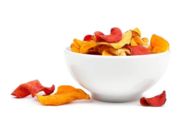 Bowl Mixed Healthy Vegetable Chips Side View Isolated White Background — Stock Photo, Image