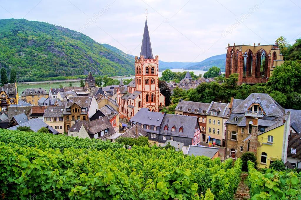 View over the village Bacharach along the famous Rhine River, Germany