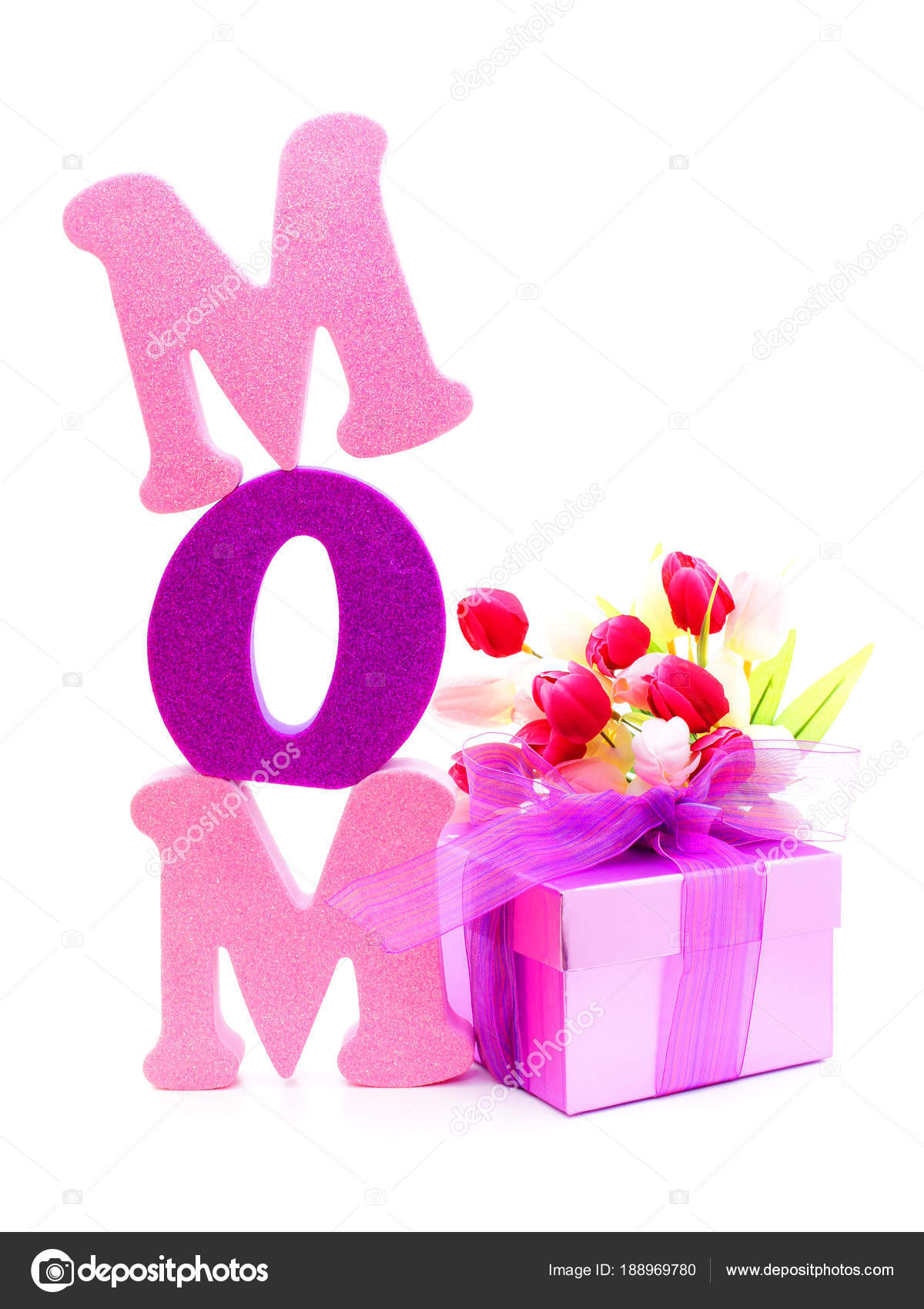 Mothers Day Gift Box Flowers Foam Letters Spelling Mom Isolated