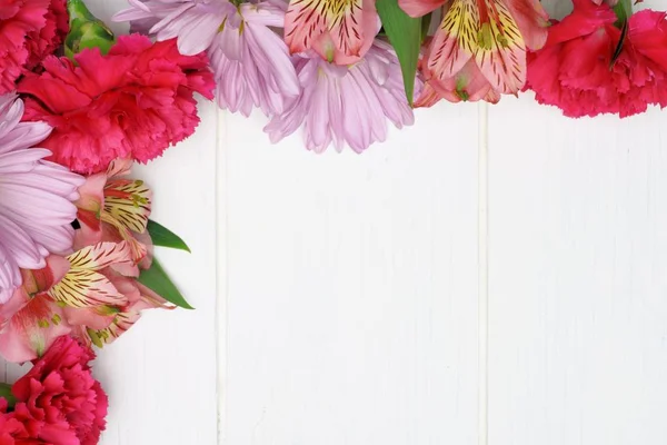 Hoekrand Van Roze Anjer Daisy Lily Bloemen Tegen Een Witte — Stockfoto