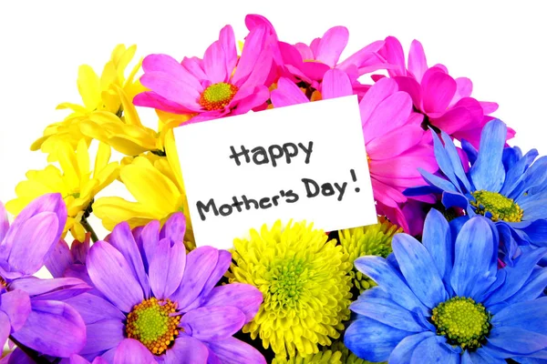Flores Coloridas Com Feliz Etiqueta Presente Dia Das Mães Sobre — Fotografia de Stock