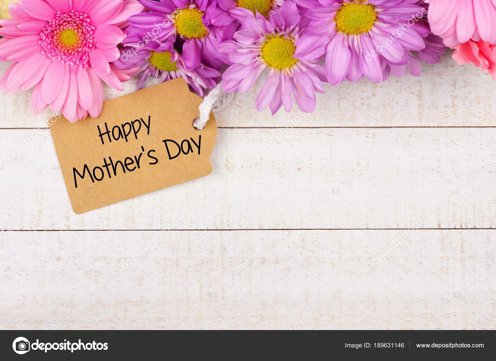 Top Border Flowers Mothers Day Tag Rustic White Wood Background Stock Photo  by ©JeniFoto 189631146