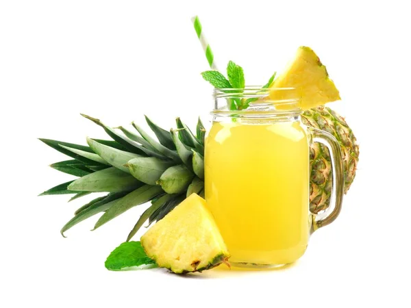 Pineapple Juice Mason Jar Glass Fruit Mint Straw Isolated White — Stock Photo, Image