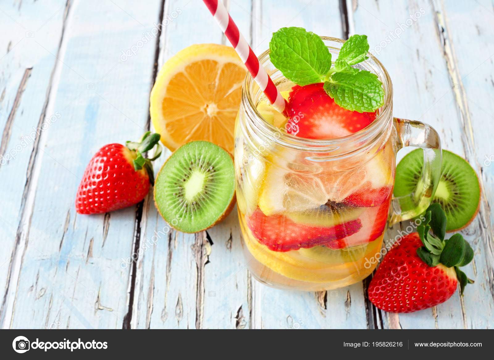 Lemon Strawberry Kiwi Detox Water Mason Jar Glass Scattered Fruit Stock Photo Image By C Jenifoto 195826216