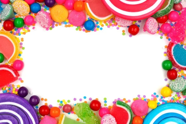 Rahmen Eines Sortiments Bunter Bonbons Vor Weißem Hintergrund — Stockfoto