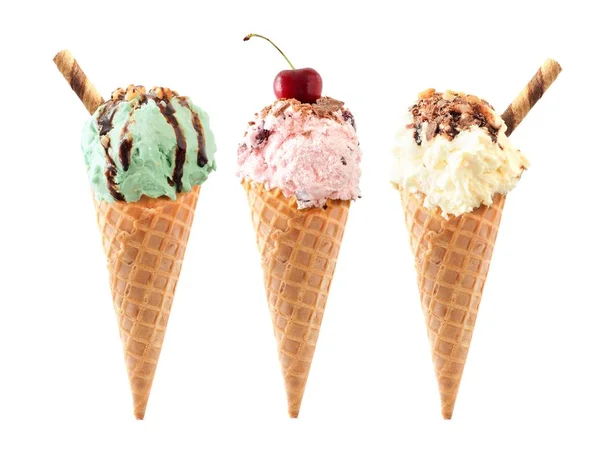 Pistachio Cherry Vanilla Ice Cream Topping Waffle Cones Isolated White — Stock Photo, Image