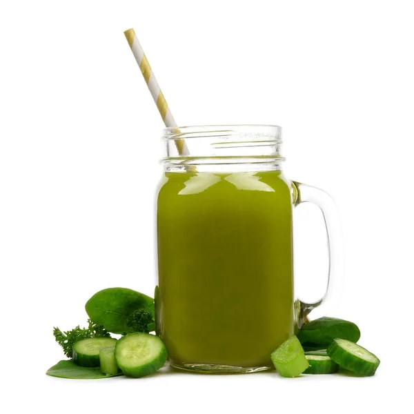 Vaso Massone Succo Verdura Verde Con Paglia Ingredienti Circostanti Isolato — Foto Stock