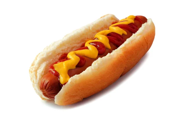 Hot Dog Con Senape Ketchup Vista Laterale Isolata Fondo Bianco — Foto Stock