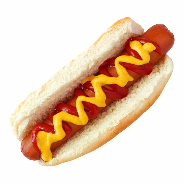 Hot Dog Mit Senf Und Ketchup Draufsicht Isoliert Auf Weißem — Stockfoto