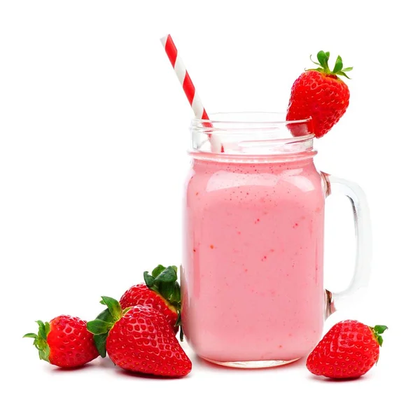 Pink Strawberry Smoothie Mason Jar Glass Straw Scattered Berries Isolated — Stock Photo, Image