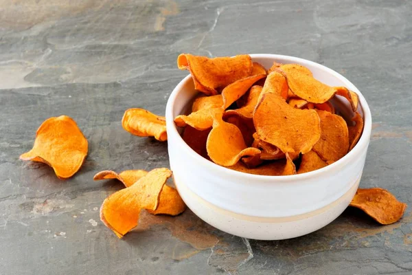 Bowl Healthy Sweet Potato Chips Slate Background — Stock Photo, Image
