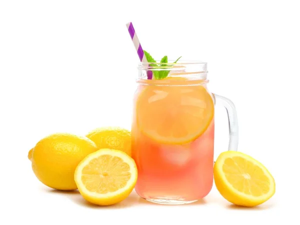 Einmachglas Glas Rosa Limonade Mit Zitronen Und Stroh Isoliert Auf — Stockfoto