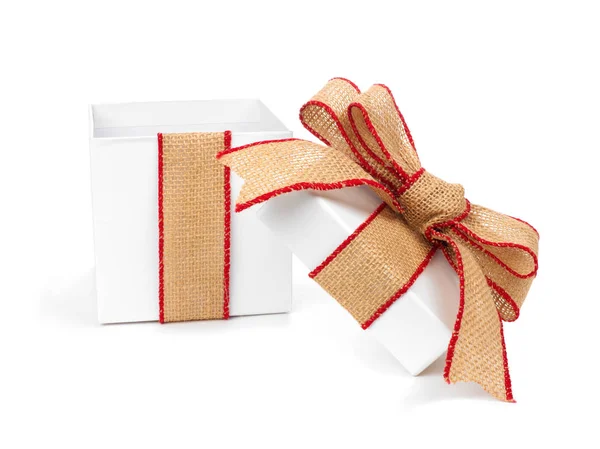 Open Empty White Christmas Gift Box Wrapped Rustic Burlap Bow — Stock Photo, Image