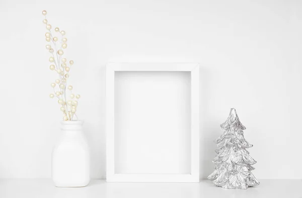 Mock White Frame Silver Christmas Tree Branches Shelf Portrait Frame — 스톡 사진