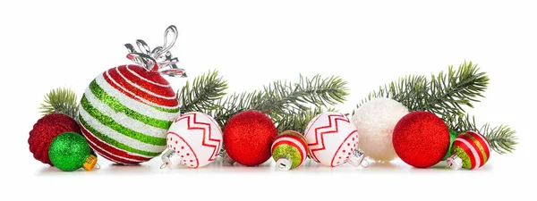 Christmas Border Red Green White Ornaments Branches Side View Isolated — Φωτογραφία Αρχείου