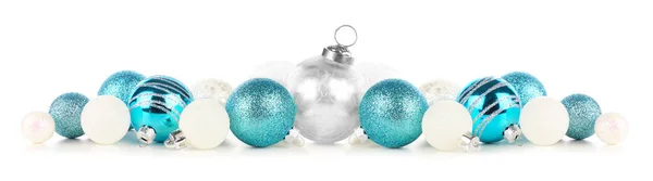 Christmas Border Blue White Ornaments Side View Isolated White Background — Stock Photo, Image