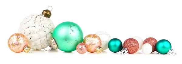 Kerst Rand Van Wit Roos Teal Ornamenten Zijaanzicht Geïsoleerd Een — Stockfoto