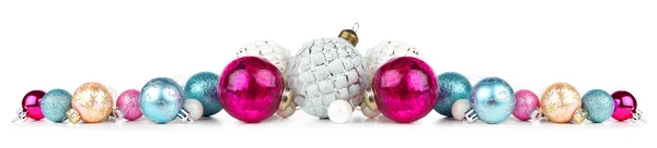 Christmas Border Blue Pink White Ornaments Side View Isolated White — Stock Photo, Image