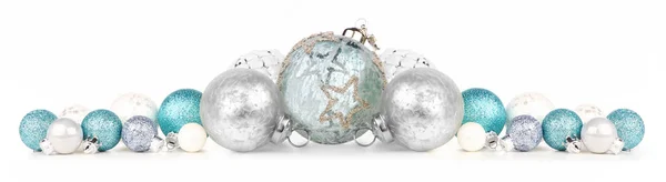 Weihnachtsbordüre Mit Blauen Weißen Und Silbernen Ornamenten Seitenansicht Isoliert Auf — Stockfoto