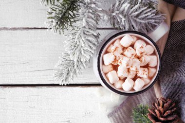 Şekerlemeli sıcak çikolata. Karlı dalları ve beyaz ahşap arka planda battaniyesi olan üst manzara.