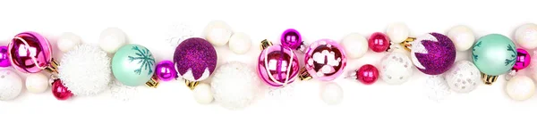 Christmas Border Purple Pink Teal Decorations Top View Isolated White — Stock Photo, Image