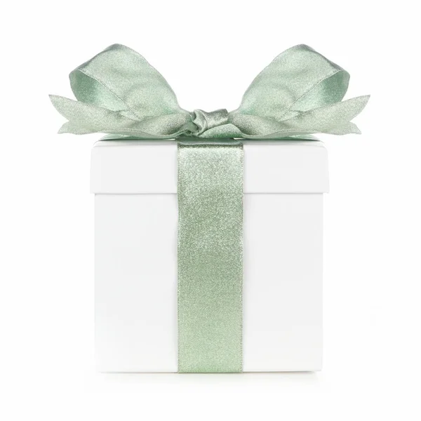 White Christmas Gift Box Wrapped Frosty Green Bow Ribbon Side — Stock Photo, Image