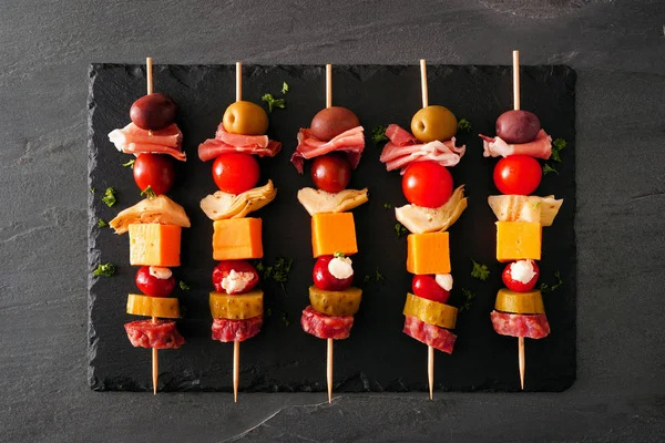 Skewer Appetizers Meat Cheeses Pickles View Slate Server — Stock Photo, Image