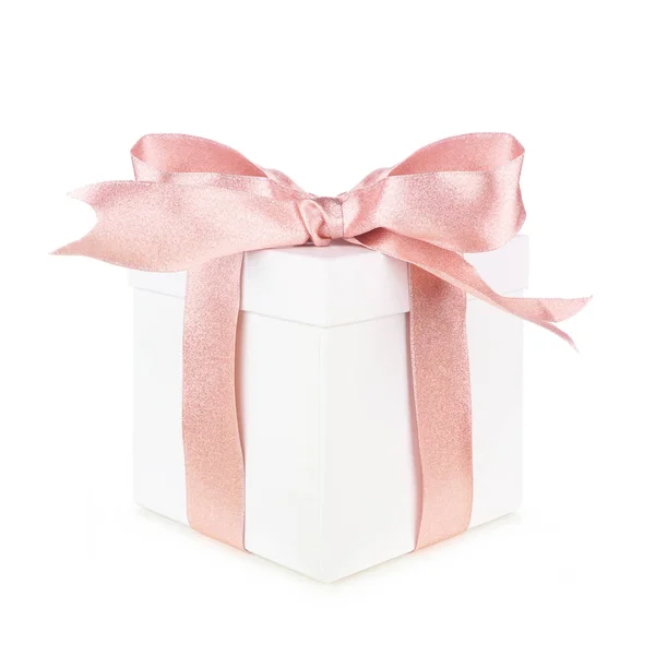 White Gift Box Wrapped Frosty Pink Bow Ribbon Side View — Stock Photo, Image