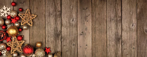 Червоний Золотий Різдвяний Орнамент Кутовий Прикордонний Банер Вид Зверху Сільський — стокове фото
