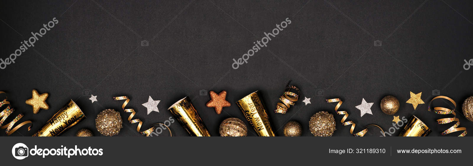 New Years Eve Border Banner Glittery Gold Stars Streamers Decorations