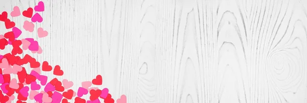 Valentines Day Corner Border Banner Paper Heart Confetti White Wood — 스톡 사진