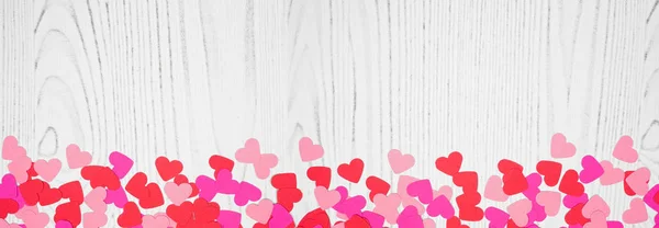 Valentinstag Ein Banner Mit Papierherzen Konfetti Über Weißem Holzgrund Kopierraum — Stockfoto