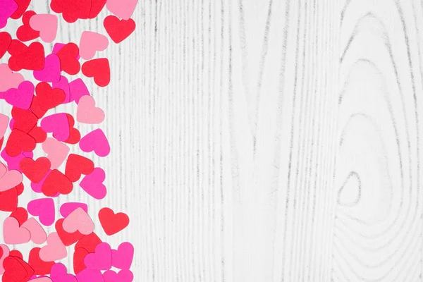 Valentines Day Side Border Paper Heart Confetti White Wood Background — 스톡 사진