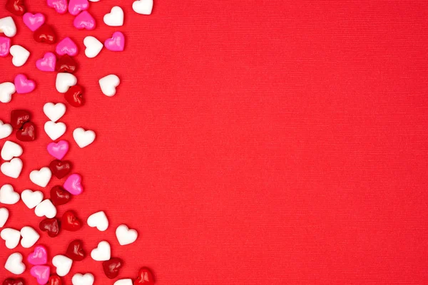 Valentines Day Side Border Candy Hearts Red Textured Background Top — 스톡 사진