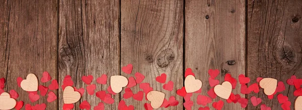 Valentines Day Banner Border Wooden Hearts Confetti View Rustic Wood — Stock Photo, Image