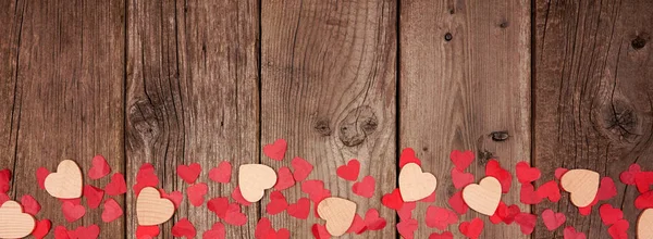 Banner San Valentín Con Borde Corazones Madera Confeti Vista Sobre — Foto de Stock