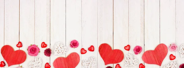 Valentines Day Banner Border Hearts Flowers Decor Rustic White Wood — 스톡 사진