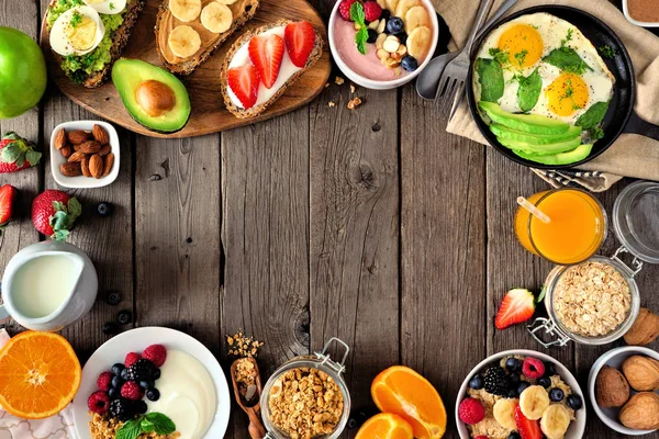 Gesundes Frühstück Essen Rahmen Tischszene Mit Obst Joghurt Smoothie Haferflocken — Stockfoto