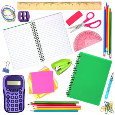 Okul veya ofis malzemelerinin çeşitleri beyazlar üzerinde ayrı ayrı izole edilmiş.