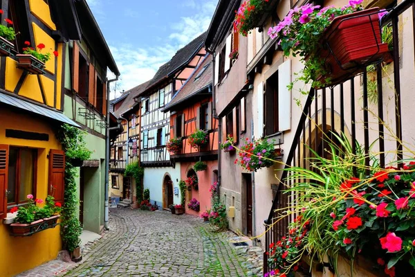 Fransa Nın Alsas Şehri Eguisheim Renkli Kaldırım Taşı Yolu — Stok fotoğraf
