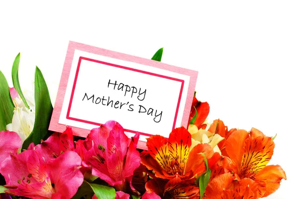 Tag Feliz Dia Das Mães Entre Buquê Flores — Fotografia de Stock